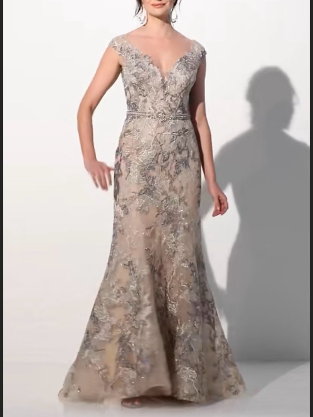 Mon Cheri Beaded Lace V-Neck Gown in Champagne and Silver